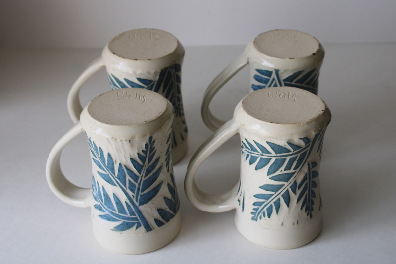 photo of Jean Wells artist signed pottery mugs set of four, fern pattern hand thrown Jean's Clay Studio  #4