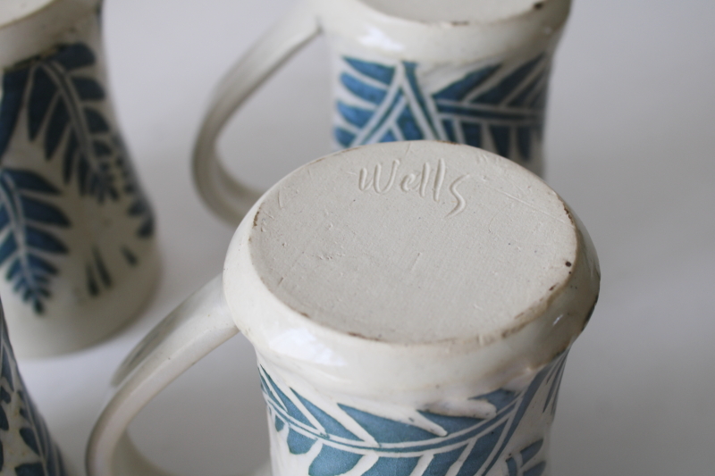 photo of Jean Wells artist signed pottery mugs set of four, fern pattern hand thrown Jean's Clay Studio  #5