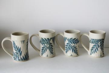 catalog photo of Jean Wells artist signed pottery mugs set of four, fern pattern hand thrown Jean's Clay Studio 