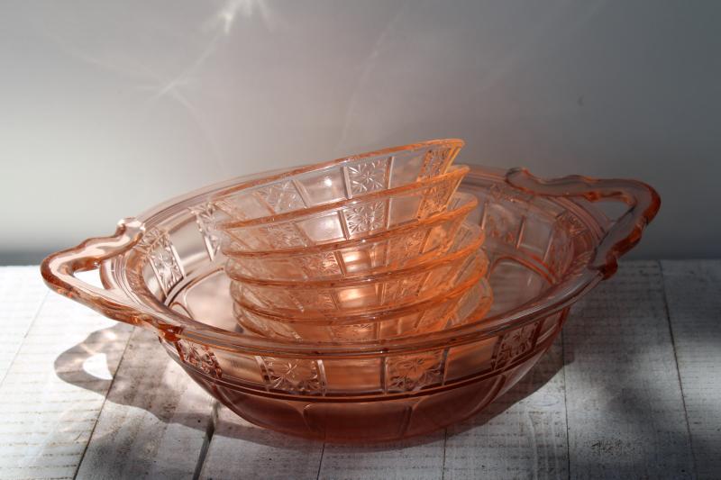 photo of Jeannette Doric pattern vintage pink depression glass dessert dishes & big bowl #6