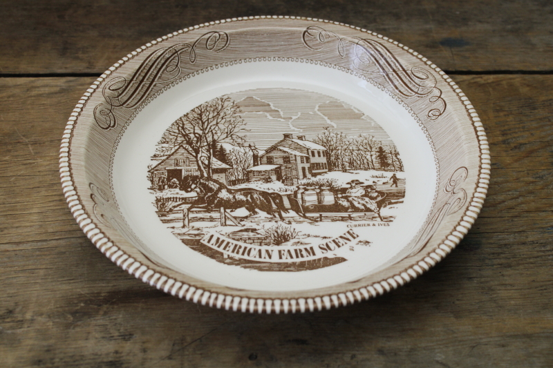 photo of Jeannette Royal China vintage Currier & Ives brown print pie pan, pie plate w/ American Farm Scene  #1