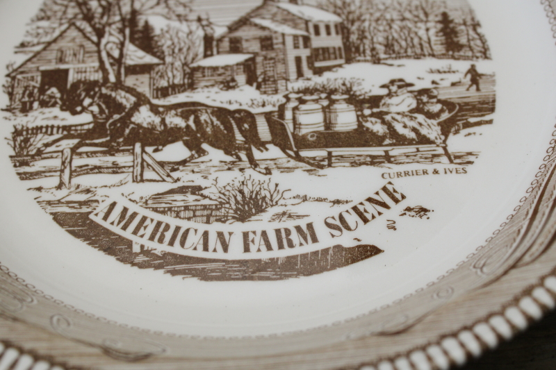 photo of Jeannette Royal China vintage Currier & Ives brown print pie pan, pie plate w/ American Farm Scene  #2