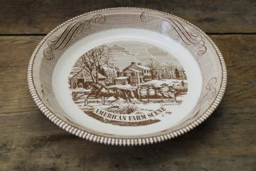 Jeannette Royal China vintage Currier & Ives brown print pie pan, pie plate w/ American Farm Scene 