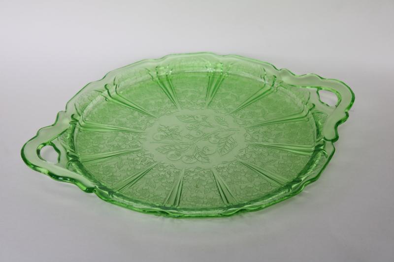 photo of Jeannette cherry blossom pattern green depression glass round tray or plate, 1930s vintage #1