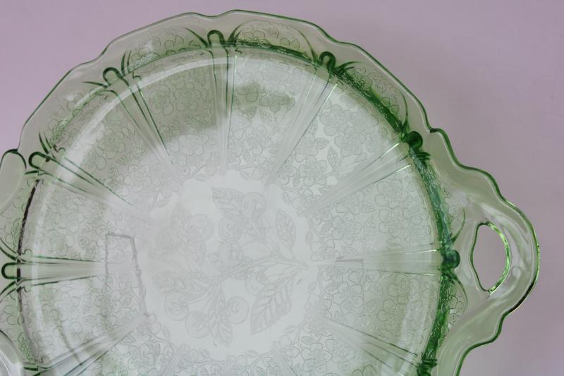 photo of Jeannette cherry blossom pattern green depression glass round tray or plate, 1930s vintage #2