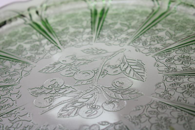 photo of Jeannette cherry blossom pattern green depression glass round tray or plate, 1930s vintage #4