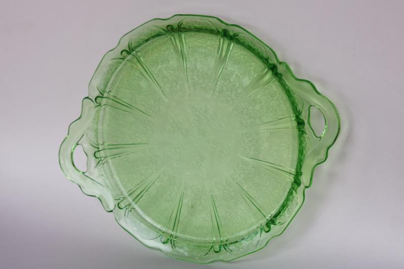 photo of Jeannette cherry blossom pattern green depression glass round tray or plate, 1930s vintage #7