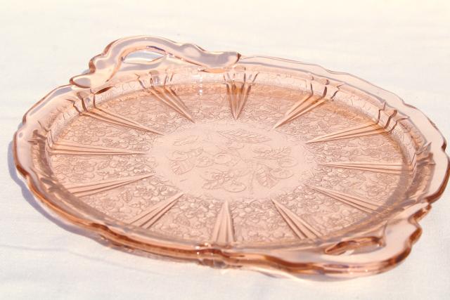photo of Jeannette cherry blossom vintage pink depression glass handled plate or serving tray #1