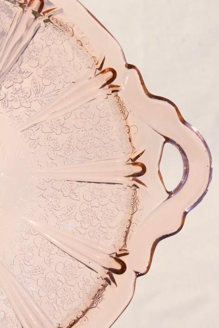 photo of Jeannette cherry blossom vintage pink depression glass handled plate or serving tray #2