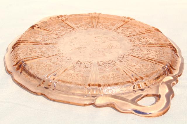 photo of Jeannette cherry blossom vintage pink depression glass handled plate or serving tray #4