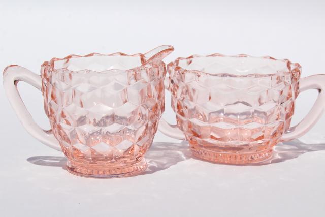 photo of Jeannette cubist pattern vintage pink depression glass cream pitcher & sugar set #2