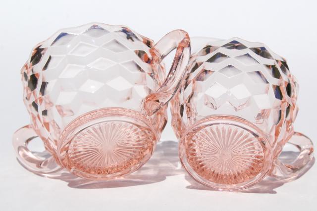 photo of Jeannette cubist pattern vintage pink depression glass cream pitcher & sugar set #6