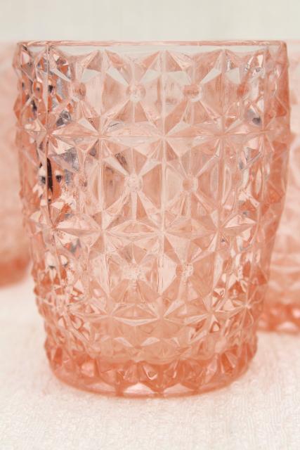 photo of Jeannette holiday buttons and bows pattern flat tumblers, vintage pink depression glass #2