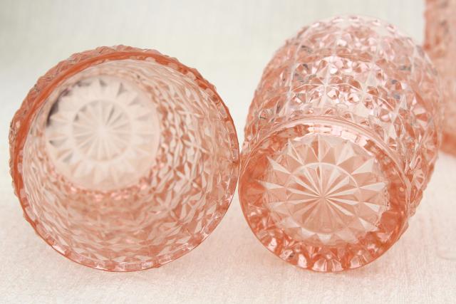 photo of Jeannette holiday buttons and bows pattern flat tumblers, vintage pink depression glass #3