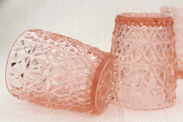 photo of Jeannette holiday buttons and bows pattern flat tumblers, vintage pink depression glass #4