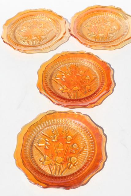 photo of Jeannette iris & herringbone bread & butter plates, vintage marigold iridescent carnival glass #1