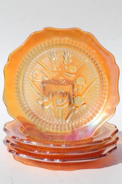 photo of Jeannette iris & herringbone bread & butter plates, vintage marigold iridescent carnival glass #2