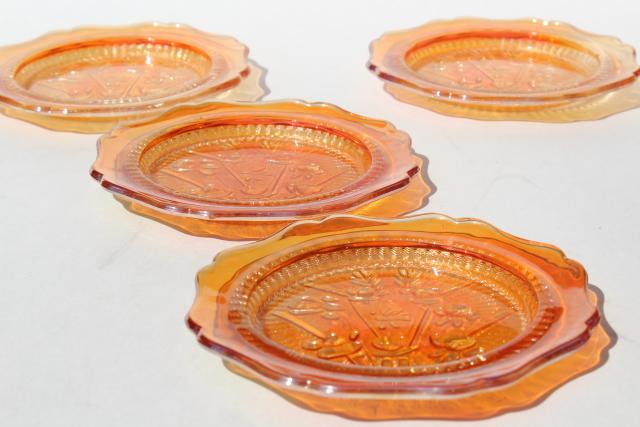 photo of Jeannette iris & herringbone bread & butter plates, vintage marigold iridescent carnival glass #3