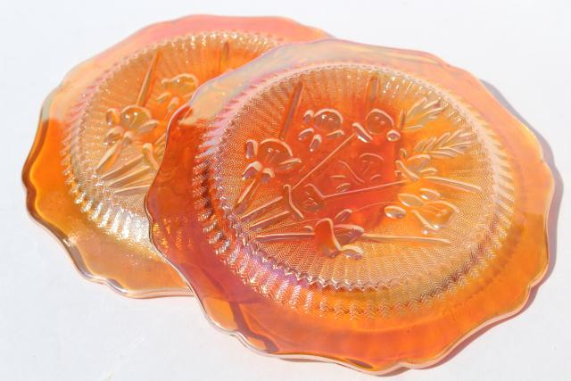 photo of Jeannette iris & herringbone bread & butter plates, vintage marigold iridescent carnival glass #5