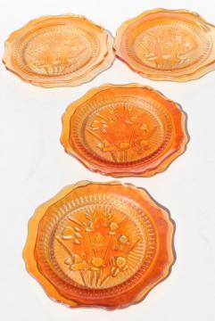 Jeannette iris & herringbone bread & butter plates, vintage marigold iridescent carnival glass