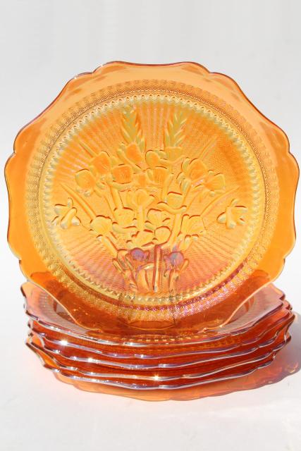 photo of Jeannette iris & herringbone dinner plates, vintage marigold iridescent carnival glass #1