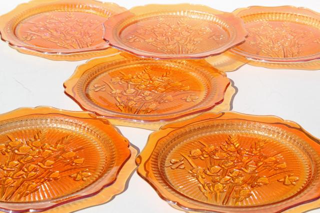 photo of Jeannette iris & herringbone dinner plates, vintage marigold iridescent carnival glass #2