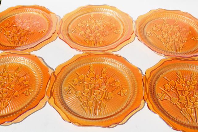 photo of Jeannette iris & herringbone dinner plates, vintage marigold iridescent carnival glass #3