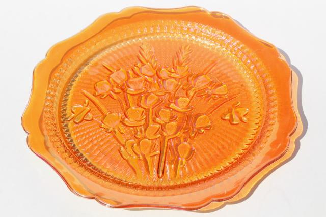 photo of Jeannette iris & herringbone dinner plates, vintage marigold iridescent carnival glass #5