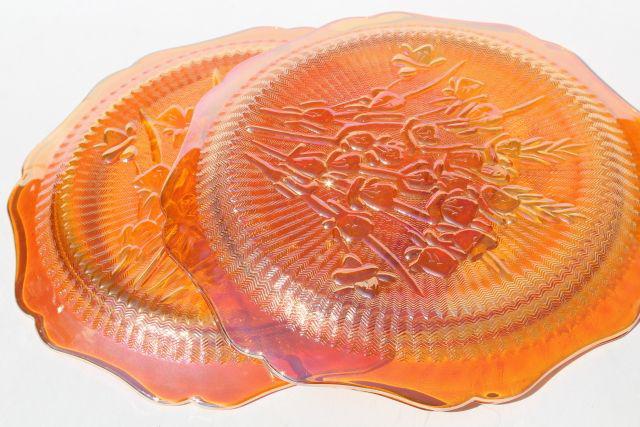 photo of Jeannette iris & herringbone dinner plates, vintage marigold iridescent carnival glass #6