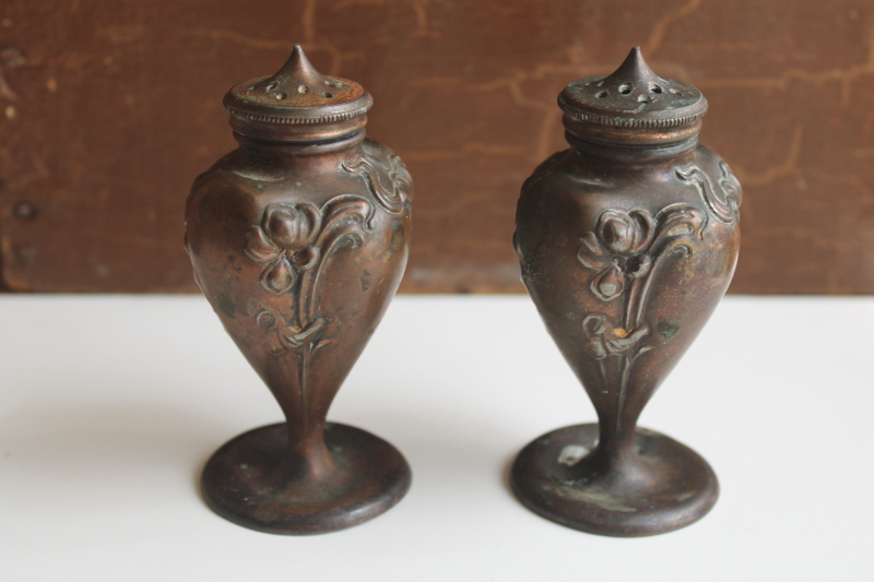 photo of Jennings Brothers antique cast bronze salt and pepper shakers with art nouveau floral  #1