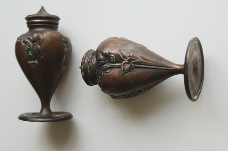 photo of Jennings Brothers antique cast bronze salt and pepper shakers with art nouveau floral  #2