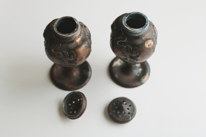 photo of Jennings Brothers antique cast bronze salt and pepper shakers with art nouveau floral  #5