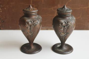 catalog photo of Jennings Brothers antique cast bronze salt and pepper shakers with art nouveau floral 