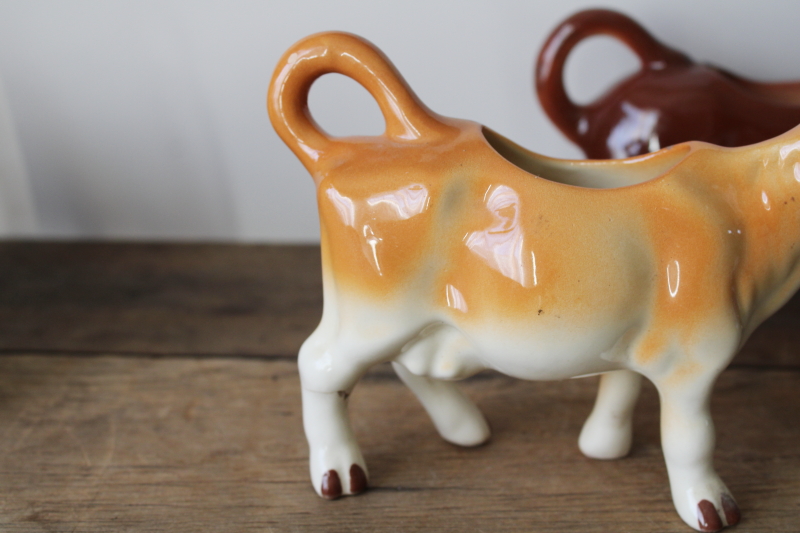 photo of Jersey cow creamers, lot of two vintage cow figurine cream pitchers, farmhouse kitchen  #2