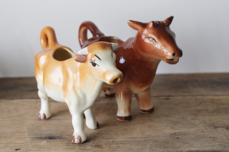 photo of Jersey cow creamers, lot of two vintage cow figurine cream pitchers, farmhouse kitchen  #3