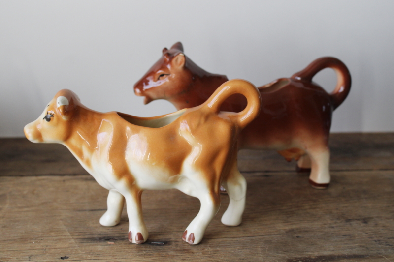 photo of Jersey cow creamers, lot of two vintage cow figurine cream pitchers, farmhouse kitchen  #4