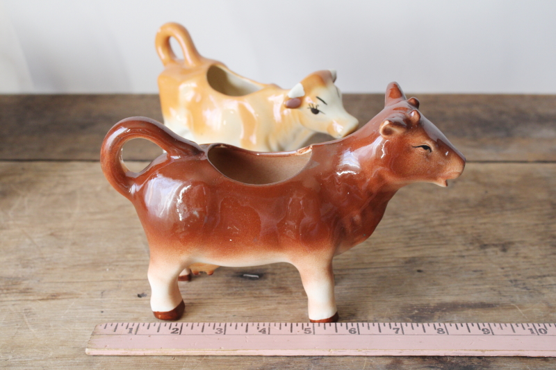 photo of Jersey cow creamers, lot of two vintage cow figurine cream pitchers, farmhouse kitchen  #8