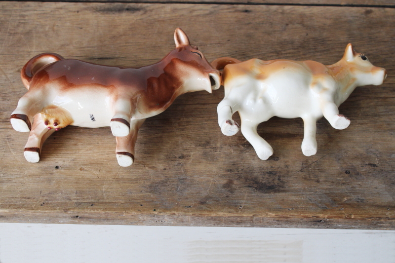 photo of Jersey cow creamers, lot of two vintage cow figurine cream pitchers, farmhouse kitchen  #9