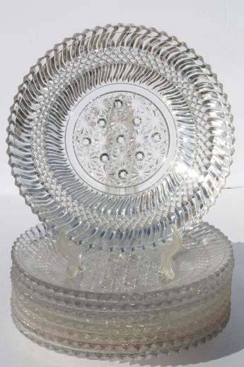 photo of Jersey swirl pattern pressed glass, 8 antique vintage glass dinner plates #1