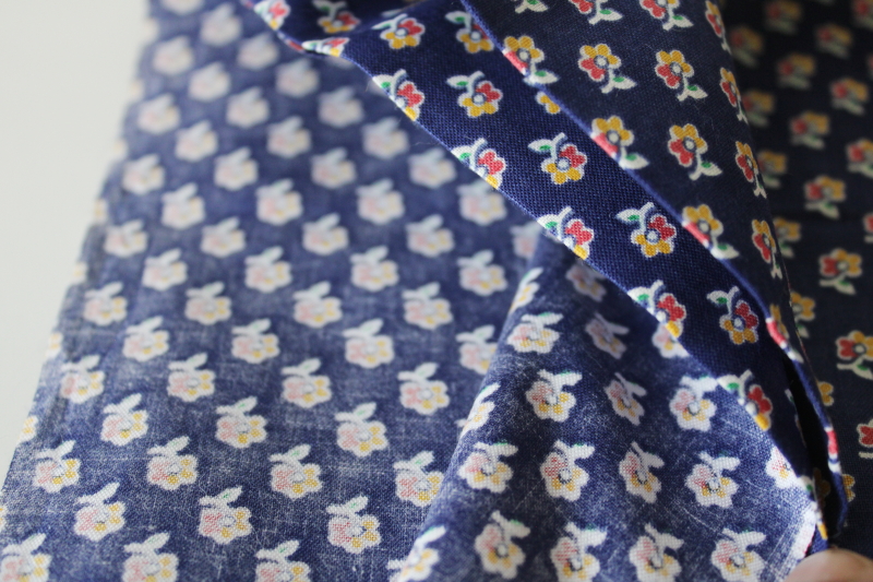 photo of Joan Kessler print Concord polished cotton fabric, tiny flowers yellow red white on navy blue #4