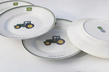 catalog photo of John Deere ceramic dinnerware set of four unused dinner plates, vintage Gibson china