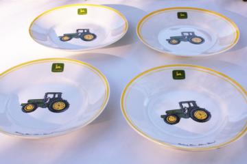 catalog photo of John Deere ceramic dinnerware set of four unused salad plates, vintage Gibson china