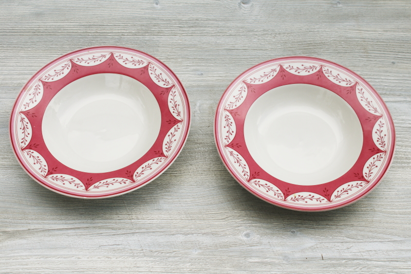 photo of Johnson Bros Farmhouse Chic china soup bowls, barn red print border plain center #1