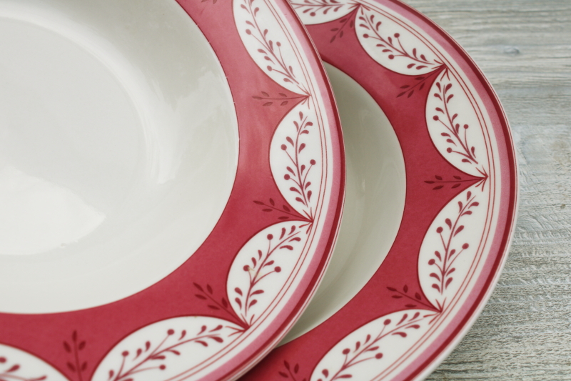 photo of Johnson Bros Farmhouse Chic china soup bowls, barn red print border plain center #2