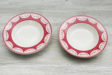 catalog photo of Johnson Bros Farmhouse Chic china soup bowls, barn red print border plain center