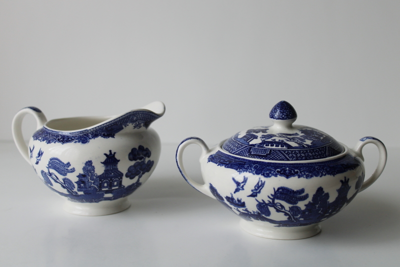 photo of Johnson Bros blue willow pattern china creamer and sugar bowl set, made in England  #1