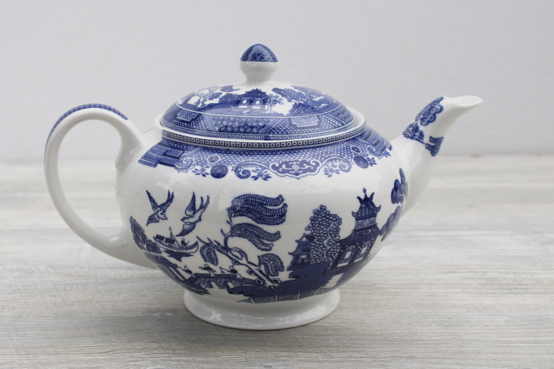 photo of Johnson Bros blue willow pattern china teapot, 1990s vintage, newer Johnson Brothers #1