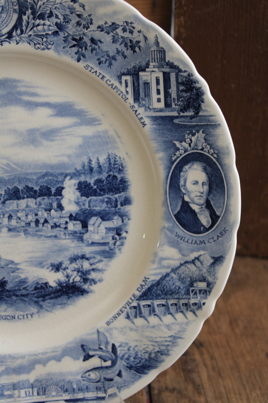photo of Johnson Bros vintage blue white Meier Frank plate Oregon history, Lewis Clark #3