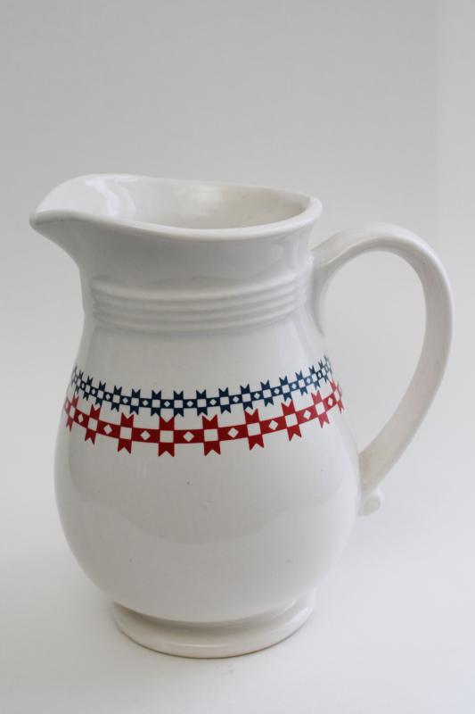 photo of June is Dairy Month 1980s vintage stoneware milk pitcher, red white blue quilt border #1