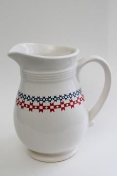 catalog photo of June is Dairy Month 1980s vintage stoneware milk pitcher, red white blue quilt border
